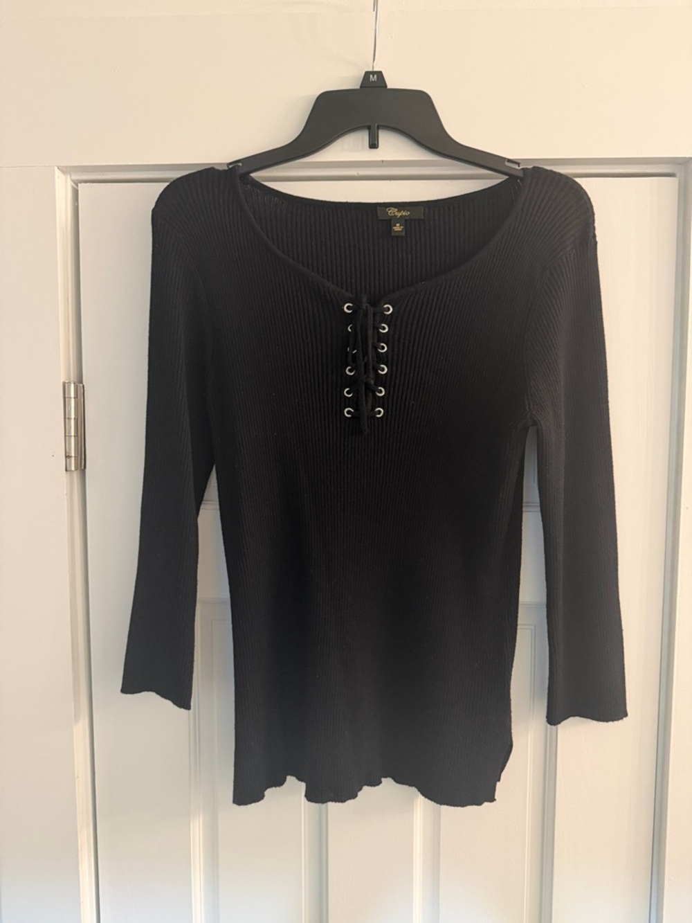 Black Lace-Up Ribbed Long Sleeve sweater